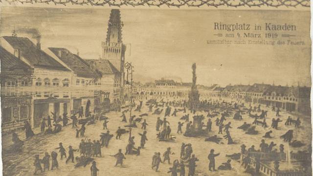 Malovaná pohlednice se zobrazením kadaňského masakru, kterou nechal vyrobit manžel jedné z obětí