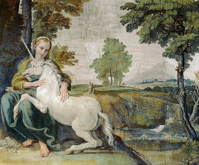 Domenichino: Panna s jednorožcem, 1604–1605, freska v paláci Farnese, Řím
