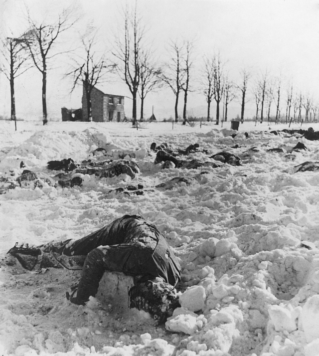 Těla amerických důstojníků a vojáků, které nacisté zabili po zajetí u belgického města Malmedy. - NARA - 196544.