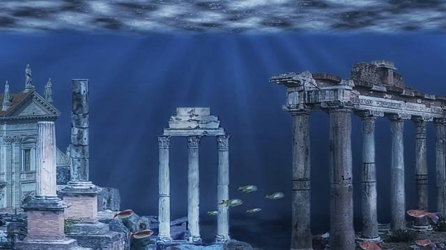 Atlantida - Poseidonův chrám dekorovaný cenným kovem, orichalkem
