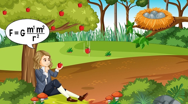 Isaac Newton v pověstné pozici pod jabloní
