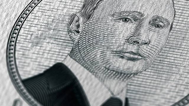 Portrét Vladimira Putina na fiktivní bankovce.