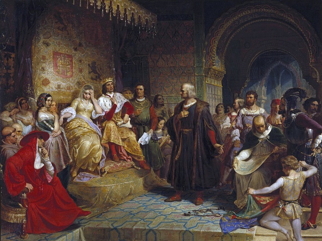 Kolumbus před královnou od Emanuela Leutzeho z roku 1843