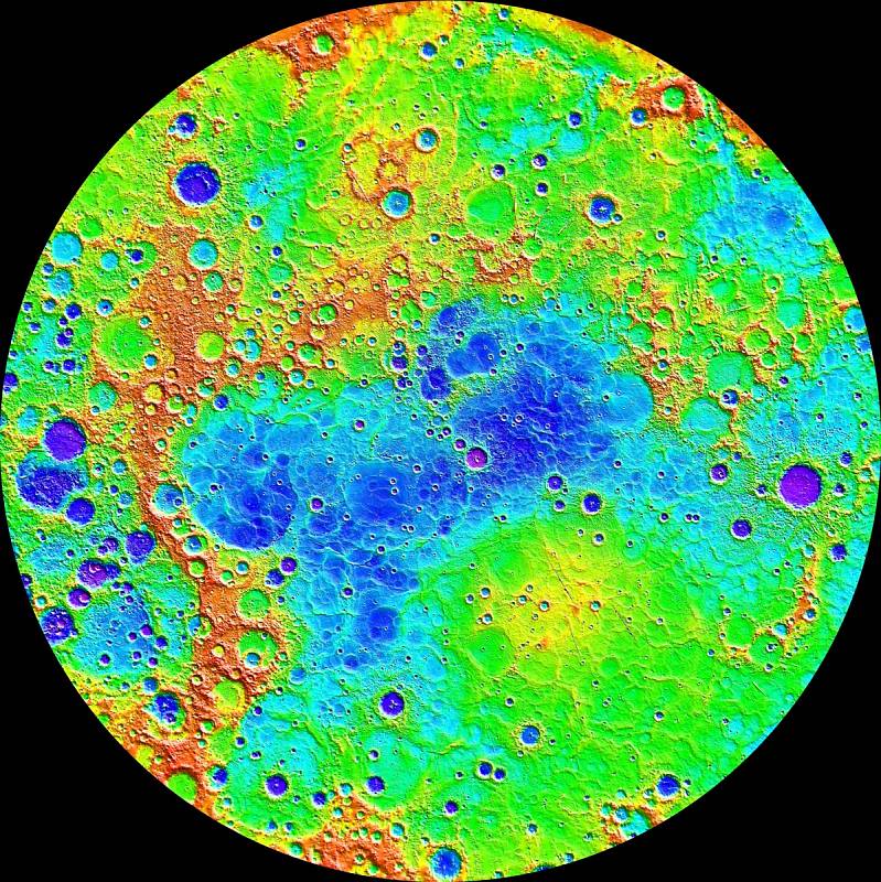 Topografická mapa severní polokoule Merkuru, kterou pořídila pomocí nástroje MLA sonda Messenger.