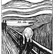 Litografie Munchova obrazu zdůraznila linie vytvářející dojem zvuku