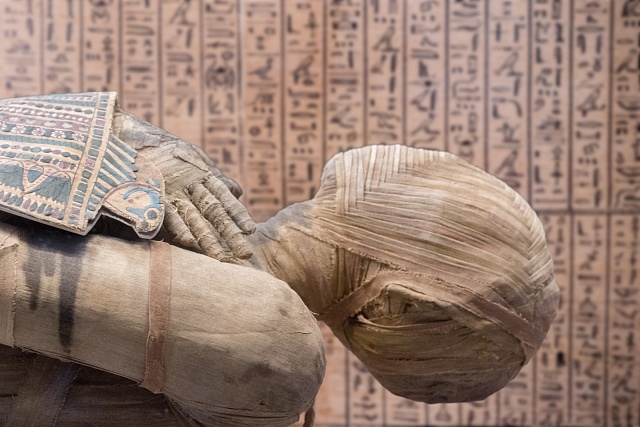 Egyptská mumie zblízka detail s hieroglyfy pozadí.