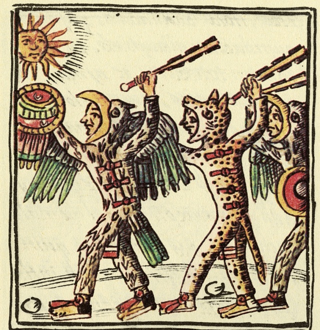 Tato kresba z Florentského kodexu ze 16. století ukazuje aztécké válečníky ohánějící se makuahuitly.