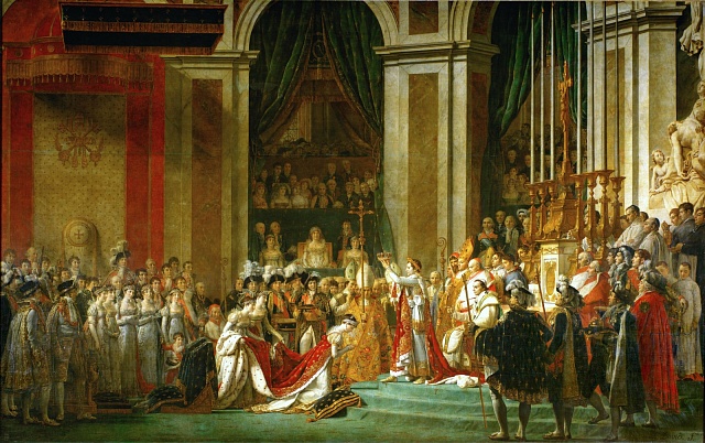 Korunovace císaře Napoleona I. a korunovace císařovny Josefíny v Notre-Dame de Paris, 2. prosince 1804. Obraz Jacques-Louise Davida a Georgese Rougeta.