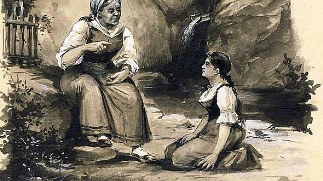 Viktorka naslouchající babičce. Ilustrace Kamila Vladislava Mutticha - Babička III
