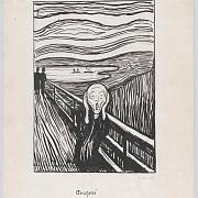 Slavný černobílý tisk Munchova obrazu, který obsahuje malířovu ručně psanou poznámku o výkřiku přírody