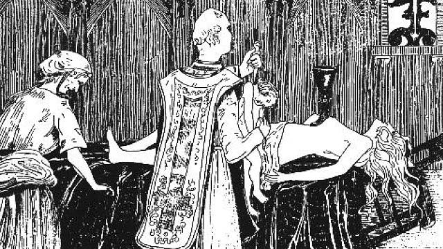 Catherine Monvoisin a kněz Étienne Guibourg jsou zobrazeni, jak vykonávají černou mši pro Madame de Montespan (ležící na oltáři) na rytině Henry de Malvosta z roku 1895.