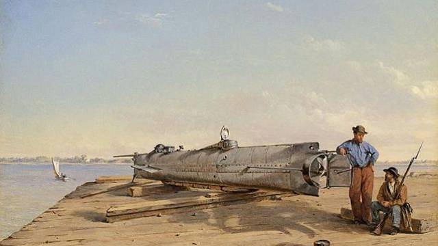 Ponorka H. L. Hunley na obraze Conrada Wise Chapmana z prosince 1863