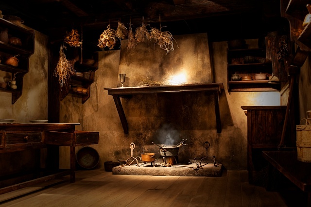 Rustikální interiér kuchyně s hořícím kotlem.