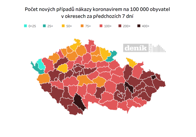 Nakažení covidem v okresech. K 25. říjnu 2021.