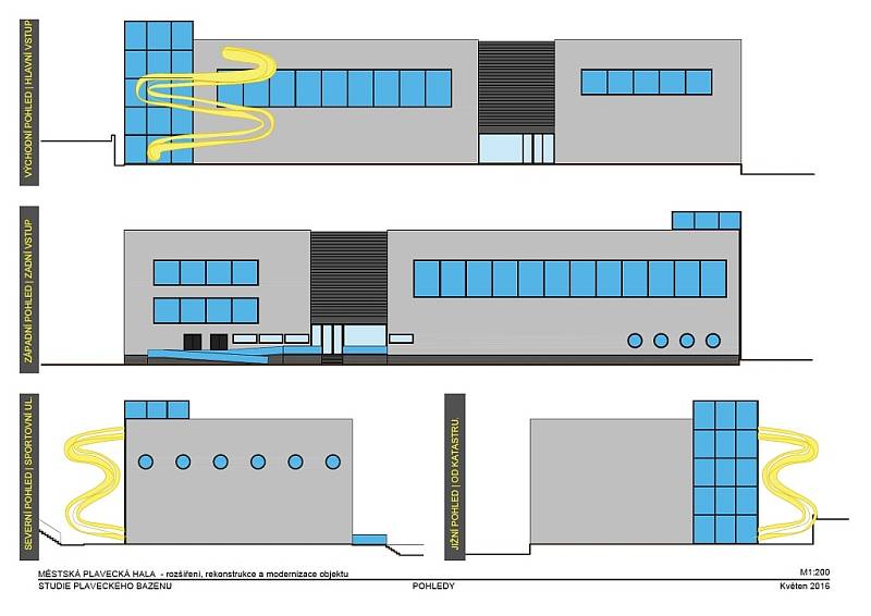 První pracovní verze studie vnější podoby lounské plavecké haly po plánované rekonstrukci. K té už ale nedojde.