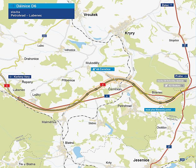 Mapa ukazuje, kudy povede dálnice D6 Praha - Karlovy Vary mezi Lubencem a jesenickou křižovatkou.