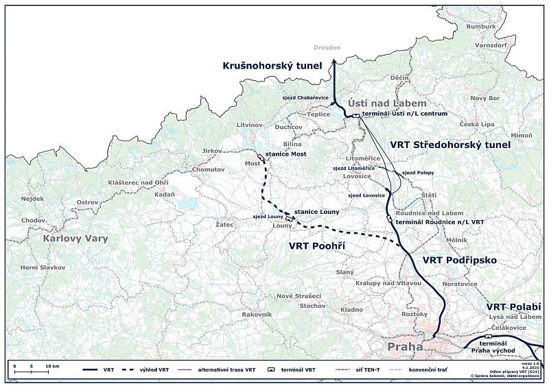 Mapa ukazuje, kudy by měla vést vysokorychlostní trať do Loun a Mostu.