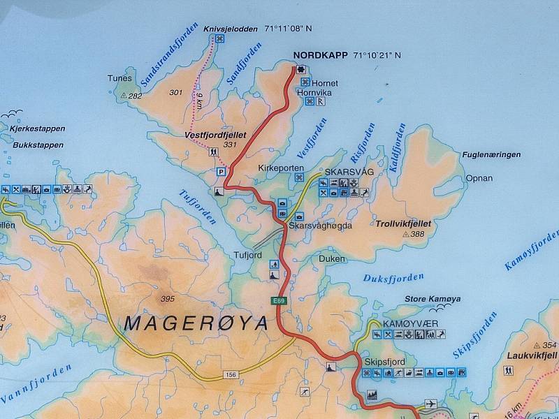 Mapa ukazuje Nordkapp a Knivskjellodden