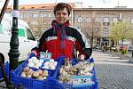 Farmářské trhy v Lounech. Lidé si mohli koupit žampiony z farmy ve Věltěžích. 