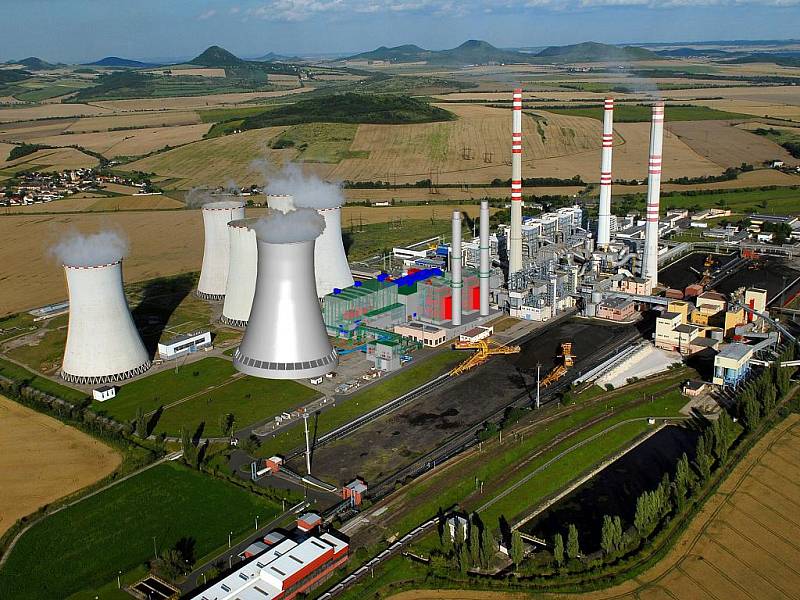 Snímek Elektrárny Počerady s doplněnou vizualizací nového paroplynového zdroje.