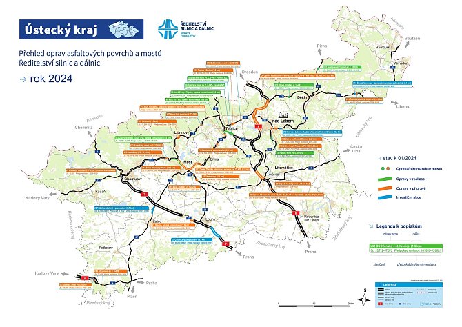 Plán oprav dálnic a silnic I. třídy v Ústeckém kraji v roce 2024.