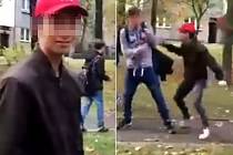 Snímky z videa, které na Facebooku ukazuje brutální napadení chlapců mladým agresorem (v červené čepici) v lounských Holárkových sadech