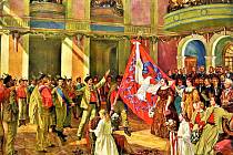 Slavnost odevzdání Mánesova praporu 1. června 1862. Matkou praporu byla Karolína Světlá. 