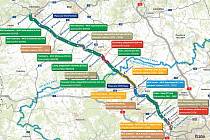 Mapa ukazuje, které úseky dálnice D7 jsou aktuálně hotové, který se staví a které se plánují.