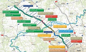 Mapa ukazuje, které úseky dálnice D7 jsou aktuálně hotové, který se staví a které se plánují.