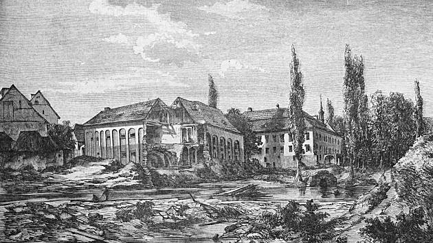 Rytina z dobového časopisu Květy ukazuje, jak velká voda na Blšance poničila pivovar v Měcholupech na Žatecku.