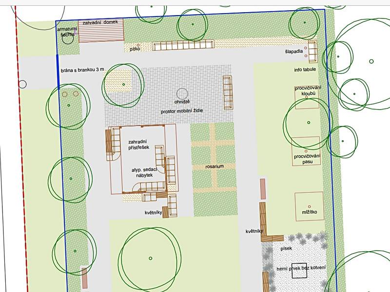 Na travnaté ploše u domu s pečovatelskou službou vyroste relaxační areál. Chybět nebudou různé přístřešky.