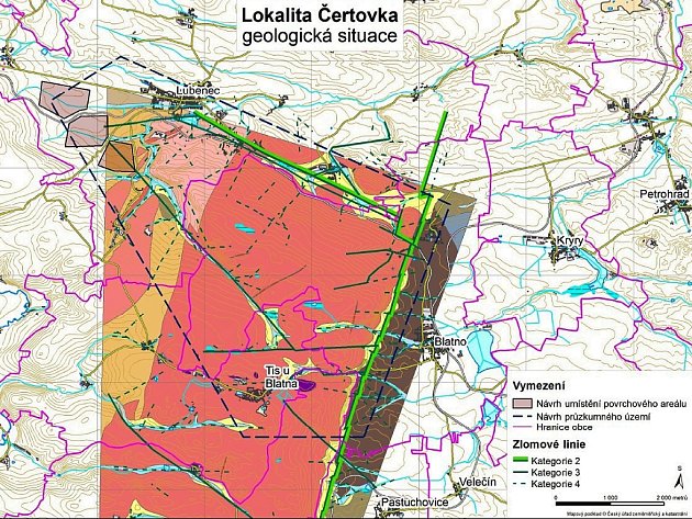 V lokalitě mezi Blatnem, Lubencem a Tisem (modře označené) by rádi geologové prozkoumali území, kde by v budoucnu mohlo být úložiště. Povrchový areál navrhují v blízkosti Lubence.