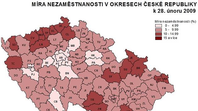 Míra nezaměstnanosti v okresech ČR k poslednímu únoru 2009