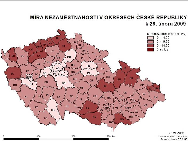 Míra nezaměstnanosti v okresech ČR k poslednímu únoru 2009
