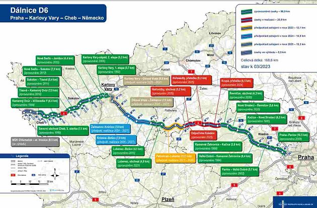 Na mapce jsou vyznačené informace k jednotlivým úsekům dálnice D6 Praha - Karlovy Vary.
