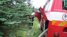 Žatečtí hasiči zasahují při požáru v lese nedaleko Holedeče.