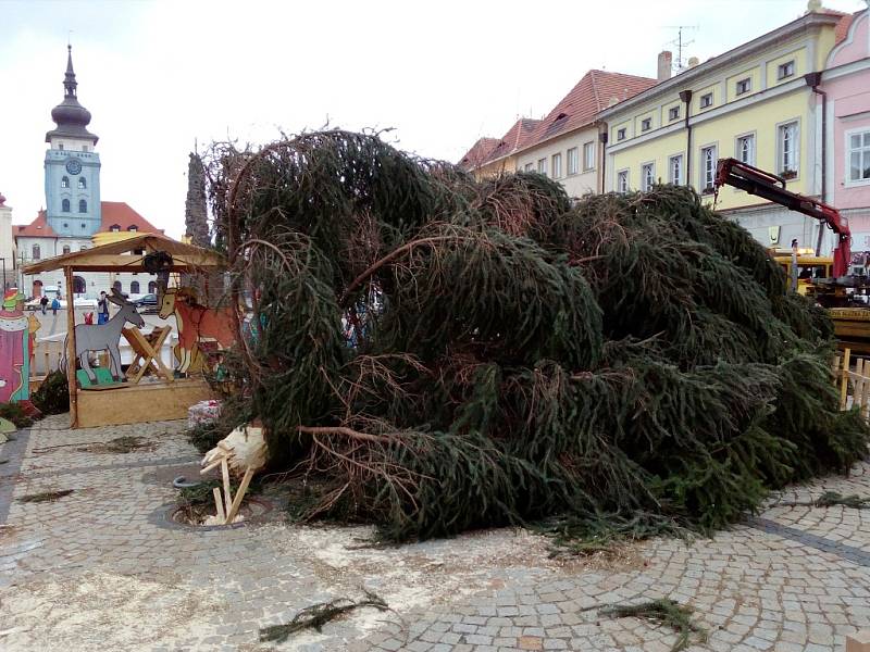 Vánoční strom na žateckém náměstí Svobody se zlomil. Pravděpodobně kvůli silnému větru