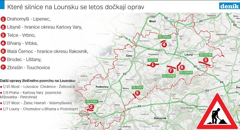 Plánované opravy silnic na Lounsku, Žatecku a Podbořansku