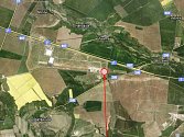 Mapka oblasti kolem zóny Triangle: nahoře vede silnice Praha – Chomutov, místo budoucí továrny Solar Turbines je v červeném kroužku.