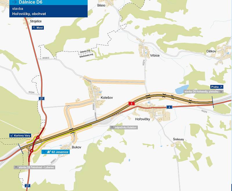 Mapa ukazuje, kudy povede dálnice D6 Praha - Karlovy Vary u Hořoviček.