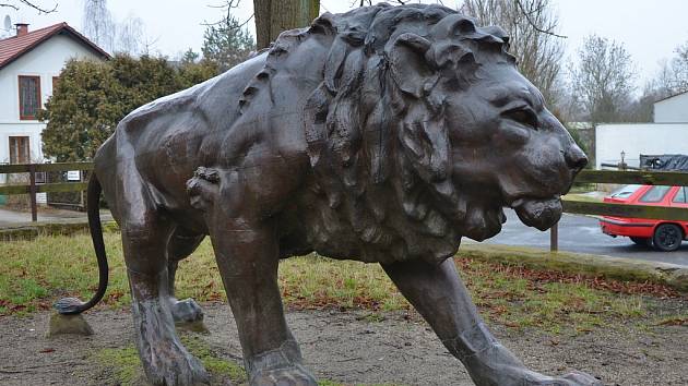 Lev, který v Žatci stál jako součást pomníku obětem první světové války. Nyní byl po sedmdesáti letech objeven ve Starých Splavech. 