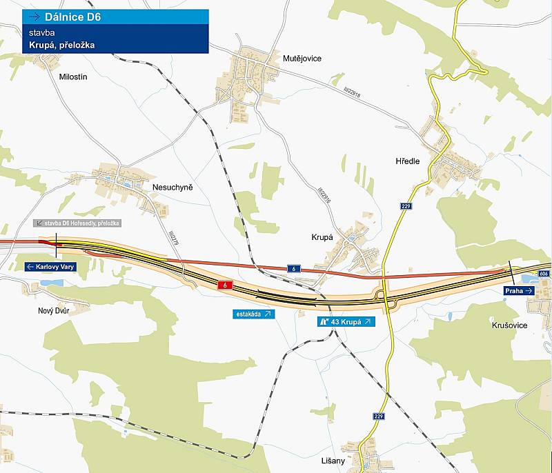 Mapa ukazuje, kudy povede dálnice D6 Praha - Karlovy Vary u Krupé.