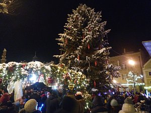 Vánoční strom na Mírovém náměstí v Lounech okamžik před rozsvícením.