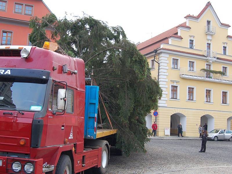 Stavění vánočního stromu v Žatci.