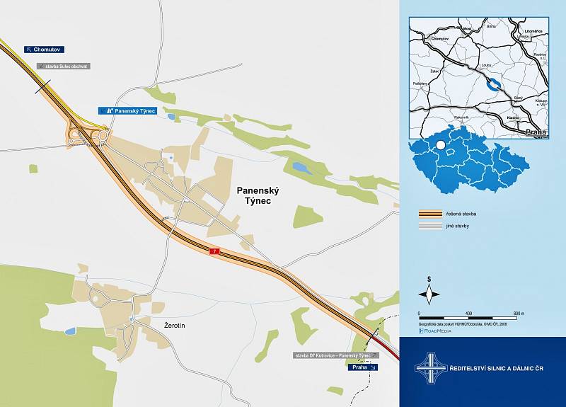 Mapka ukazuje úsek silnice I/7 u Panenského Týnce, který se dočká zkapacitnění v rámci dostavby dálnice D7