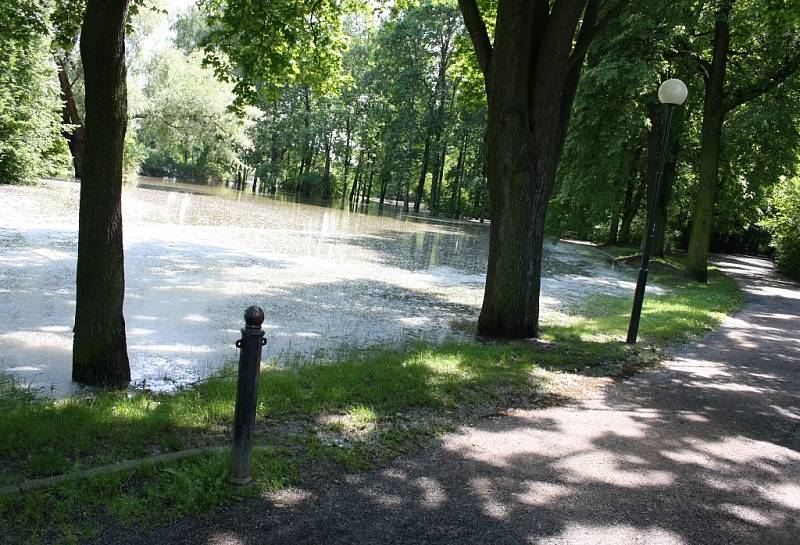 Středa 5. 6. 2013. Část Masarykových sadů je pod vodou, cesty ale ne