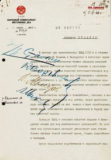 Rozkaz k popravě polských důstojníků podepsaný Stalinem