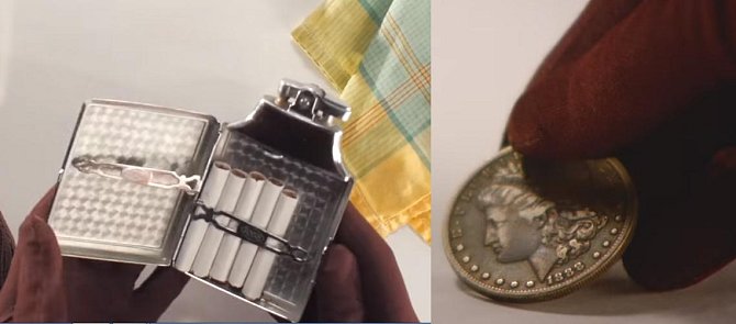Obsah kabelky z roku 1936 - od krajkových rukavic se přešlo ke koženým a součástí kabelky byly i cigarety v pouzdru