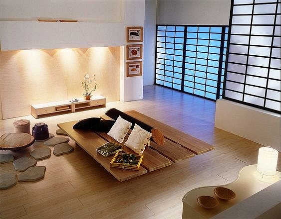 Obývací pokoj v minimalistickém japonském duchu.