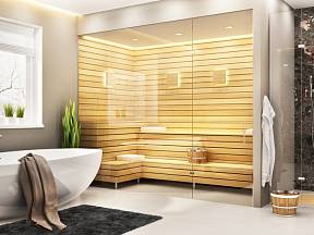 Velkoryse pojatá koupelna, jejíž součástí je i sauna.